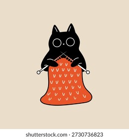 Black cat knitting with needles