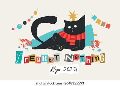 Gato preto derrubou uma árvore Yule. Cartão de carta de chantagem de Natal com palavras 'Eu me arrependo de nada, Tchau 2025'. Modelo de convite sazonal vetorial.