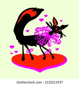 Black Cat In A Lace Collar On A Red Stylized Heart.