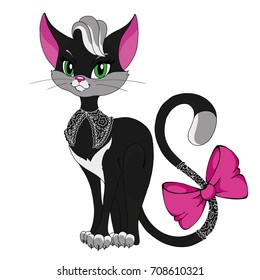 Black cat lady. Cartoon character kitty. Vector isolated cat with a pink bow. Cute cat character