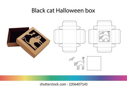 Black cat laser cut. Halloween box template. Packaging design. Cutting file box for candies, cookies and chocolates. Decorative box for candy bar.Spiderweb design.