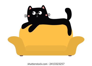 Black cat laying on back of long sofa couch chair. Cute cartoon kawaii funny animal character. Kitten relaxing on cozy armchair in living room. Soft furniture. Flat design. White background Vector