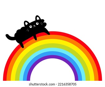 Black cat laying on rainbow. Peeking kitten. Holding rainbow. Cute cartoon character. Valentines Day. Kawaii animal. Love Greeting card. LGBT flag sign symbol. Flat design. White background. Vector