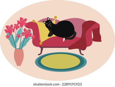 Black cat laying on the sofa