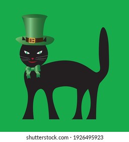 Black Cat in the Leprechaun hat. Poster St. Patrick's Day. Vector illustration