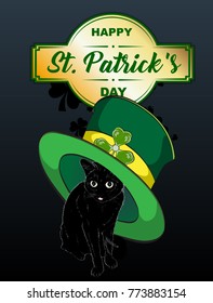 Black Cat in the Leprechaun hat. Poster St. Patrick's Day.