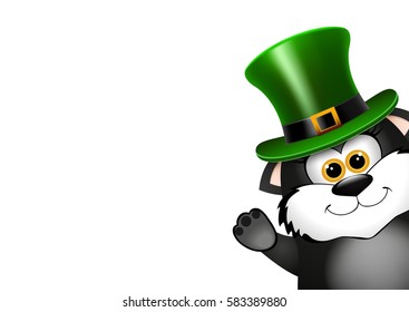 Black Cat in the Leprechaun hat. Saint Patricks Day card design. There is space for text. Vector illustration.