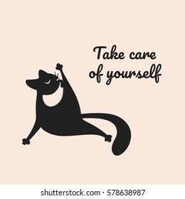 A black cat is licking its paw. Vector background with words "Take care of yourself". May be used for an encouragement card.