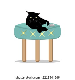 A black cat lies on a round stool next to a mouse. vector illustration