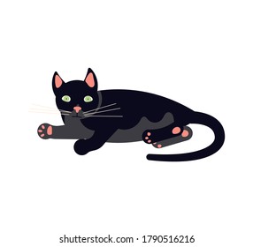 The black cat lies on its side and purrs. Square card with funny kitten in flat design. Happy cats day. Flat Art Vector Illustration