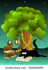 A black cat lies under a tree and reads a book. Russian tales. Lukomorye