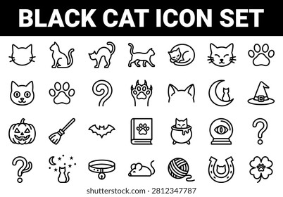 Black cat line icons set, cute kitten silhouette, halloween witch elements, pet paw print, spooky pumpkin and magic outline vector collection