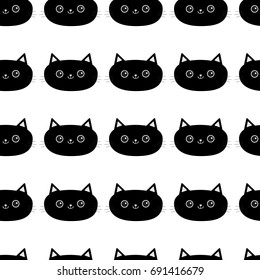 Black cat Line Pattern Seamless. Cute cartoon character. Baby pet collection. Wrapping paper, textile template. White background. Flat design. Vector illustration