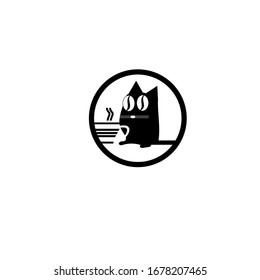black cat logo and a Cup of hot coffee. vector