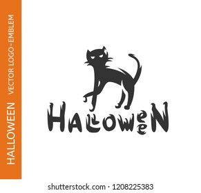 Black cat logo - emblem design on white background, halloween vector illustration