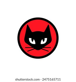 Black cat logo. The head of a black cat in a red round frame. Isolated vector illustration. Front view.