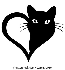 Black cat logo illustration in heart on white background