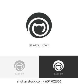 Black cat logo - kitty or kitten symbol. Colored animal and pet vector icon.