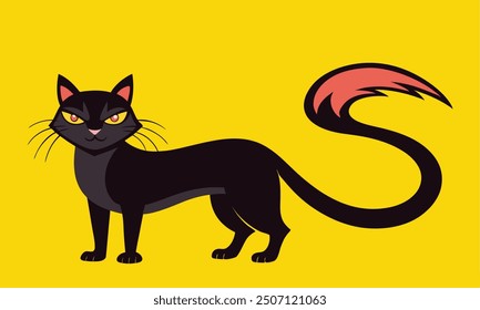 Black cat. Long body with fire tail. Funny sad face head silhouette. Square kitten. Meow. Cute cartoon kawaii baby character. Kawaii animal. Pet collection.