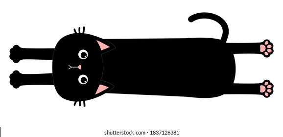 Black cat. Long body with paw print, tail. Funny face head silhouette. Meow. Cute cartoon baby character. Kawaii animal. Pet collection. Flat design. White background. Isolated. Vector illustration