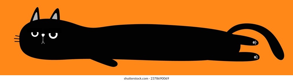 Gato negro. Cuerpo largo con letra rosa, cola. Triste y divertido relajante silueta de cabeza de cara. Mau. Caricatura lindo, personaje de bebé. Animal Kawaii. Colección de mascotas. Diseño plano. Fondo naranja. Aislado. Vector