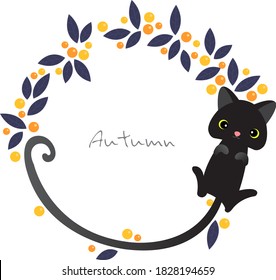 Black cat long tail with Halloween berry plant wreath vector for decoration on Autumn season and Thanksgiving festival events. 