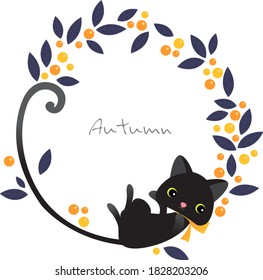 Black cat long tail with Halloween berry plant wreath vector for decoration on Autumn season and Thanksgiving festival events. 