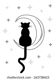 Black cat with long tail sitting on the moon among night starry sky, black and white carton vector illustration