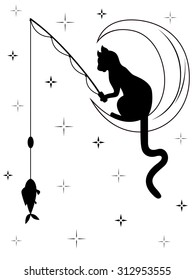 Black cat with long tail sitting on the moon among starry sky and catches a fish with fishing rod, black and white carton vector illustration