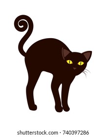 Black cat with long tail symbol of Halloween vector illustration isolated on white background in flat design cartoon style, feline animal
