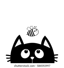 Black cat looking up to bee bumblebee honeybee insect. Cute cartoon character. Kawaii animal. Greeting card. Flat design style. White background. Isolated. Vector illustration