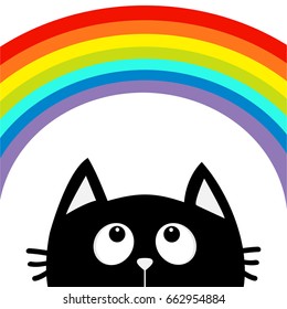 Black cat looking up to big rainbow. Cute cartoon character. Valentines Day. Kawaii animal. Love Greeting card. LGBT flag color sign symbol. Flat design. White background Isolated. Vector illustration