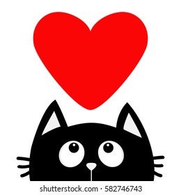 Black cat looking up to big red heart. Cute cartoon character. Kawaii animal. Love Greeting card. Happy Valentines Day. Flat design style. White background. Isolated. Vector illustration