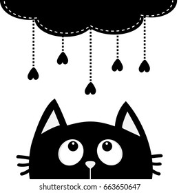 Black cat looking up to cloud with hanging heart rain drops. Dash line set. Cute cartoon character. Valentines Day Kawaii animal. Love Greeting card. Flat design. White background Isolated Vector