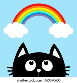 Black cat looking up to cloud and rainbow. Cute cartoon character. Valentines Day. Kawaii animal. Love Greeting card. Flat design. Blue background. Isolated. Vector illustration