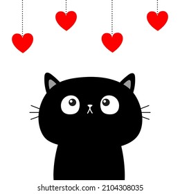 Black cat looking up to hanging red hearts. Dash line. Happy Valentines Day. Heart set. Cute cartoon character. Kawaii animal. Love Greeting card. Flat design. White background. Isolated. Vector