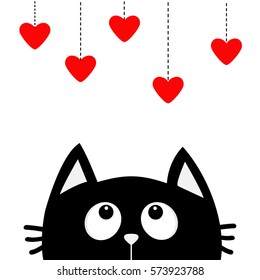 Black cat looking up to hanging red hearts. Dash line. Heart set Cute cartoon character. Kawaii animal. Love Greeting card. Happy Valentines Day. Flat design style. White background. Isolated. Vector