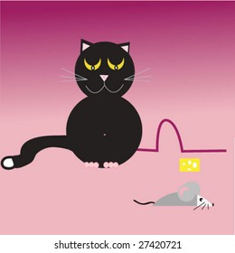 black cat looking at mouse on purple background. vector illustration