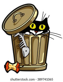 black cat looking out trash can with a fish skeleton and stub