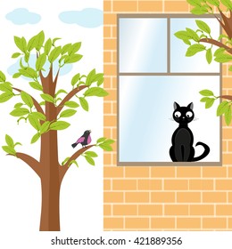 Black cat looking out the window at bird that sits on tree. Vector illustration