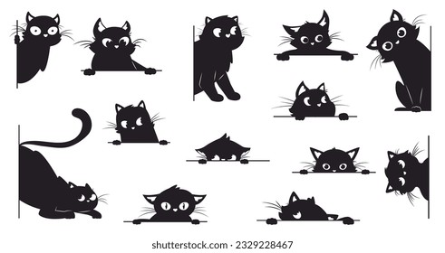 Black cat looking. Peeking cats silhouettes with big eyes. Playful muzzle, creative kitty peeping from corner. Spy pets snugly vector elements