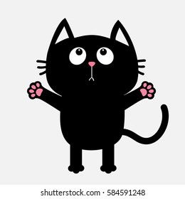 Schwarze Katze, die bereit für eine Umarmung ist. Handpfote öffnen Kitty greift nach einer Umarmung. Lustiges Kawaii-Tier. Babykarte. Netter Cartoon-Charakter. Haustiersammlung. Flaches Design Weißer Hintergrund Einzeln. Vektorgrafik