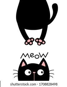 Black cat looking up. Meow. Funny face head silhouette. Hanging fat body paw print, tail. Kawaii animal. Baby card. Notebook cover. Cute cartoon character. Pet collection. Flat. Blue background Vector