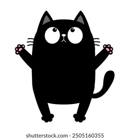 Black cat looking up. Open hand paw print. Kitty reaching for a hug. Happy Valentines Day. Funny Kawaii animal. Cute cartoon baby character. Pet collection. Flat design White background. Vector