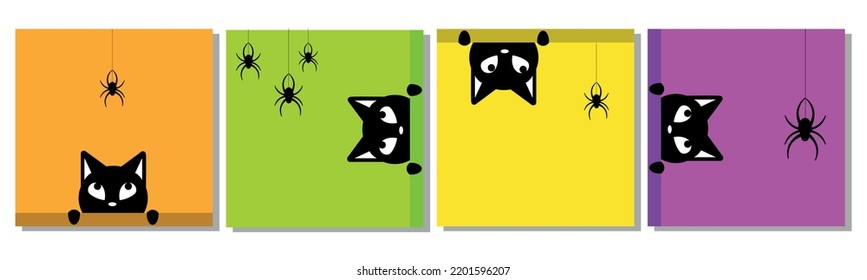 The black cat looks after the spider. Set of cute cats. Vector graphics