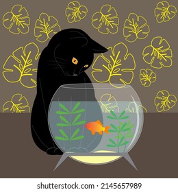 A black cat looks at a goldfish in an aquarium. Cute black cat near the aquarium. Vector illustration