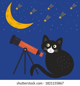 С gato negro mira a la luna a través de un telescopio en un fondo azul cósmico. Postal. Vector de ilustración plana Doodle.