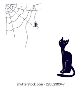 Un gato negro mira una telaraña con una araña. Ilustración vectorial en un estilo dibujado a mano sobre un fondo blanco para decoraciones