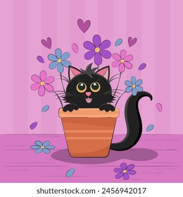 A black cat is lounging in a purple flowerpot filled with pink houseplants