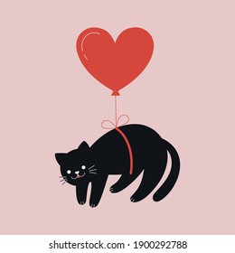 Black cat in love flying on a red heart shaped balloon. Happy Valentine's Day greeting card. Cute kitty character. 